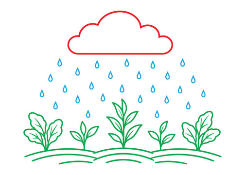Plants growing in soil under a rainy cloud line drawing icon with line art