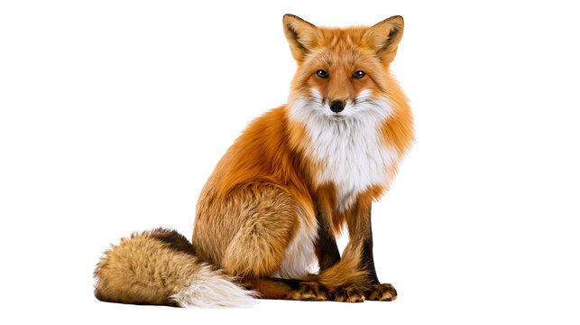 Full body portrait of a sitting red fox with fluffy fur and white chest markings