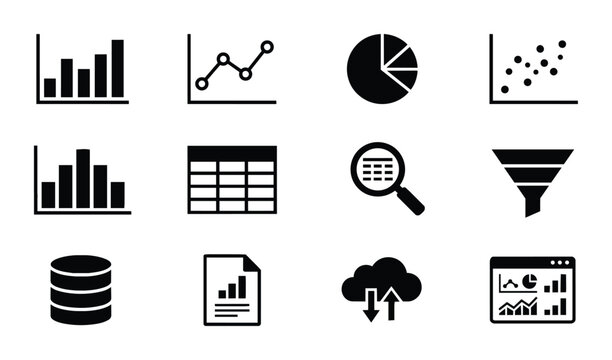 12 Data Analysis Icons, Vector Graphics Set: Charts, Graphs, Database, Magnifying Glass, Spreadsheet, Cloud Upload Download