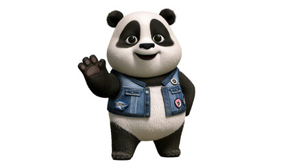 Cute cartoon panda bear wearing a blue denim vest waving its paw © Lena