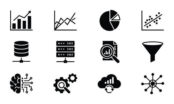Data Analysis Icons Set, Business Analytics Vector Graphics, Digital Information Symbols, AI and Cloud Computing Icons, 12 Black and White Elements