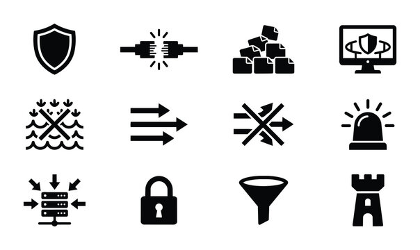 Cyber Security Icons Set, Digital Protection Symbols, Network Safety Graphics, Data Encryption Icons, Firewall Shield Icons, Server Security Icons, Technology Icons