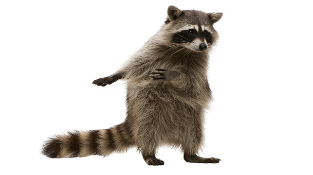 Fluffy North American raccoon standing upright with striped tail and masked face