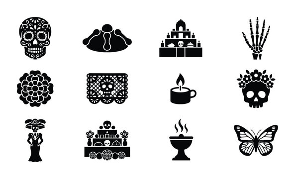 Dia de los Muertos Icons Set, 12 Black Vector Graphics for Day of the Dead Celebrations, Sugar Skulls, Altars, and Marigolds