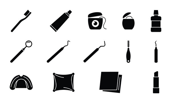 Dental Hygiene Icons Set, Oral Care Tools Collection, Toothbrush, Paste, Floss, Mouthwash, Mirror, Scaler, Retractor, Lip Balm, Vector Graphics for Health and Wellness