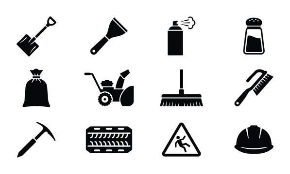 Winter Snow Removal Icon Set: Shovel, Snow Blower, Ice Scraper, Salt Shaker, Safety Sign, Broom, Brush, Pickaxe, Tire Tread, Sandbag, Spray Can, Hard Hat - Vector Graphics
