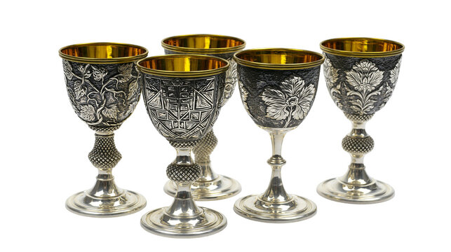 Ornate silver goblets with gold interior and intricate floral relief engravings