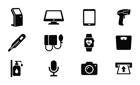 Technology Icons Set: Digital Devices, Health Gadgets, and Retail Equipment Vector Graphics for Modern Applications