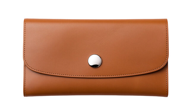 Tan brown leather wallet with a silver metal snap button closure