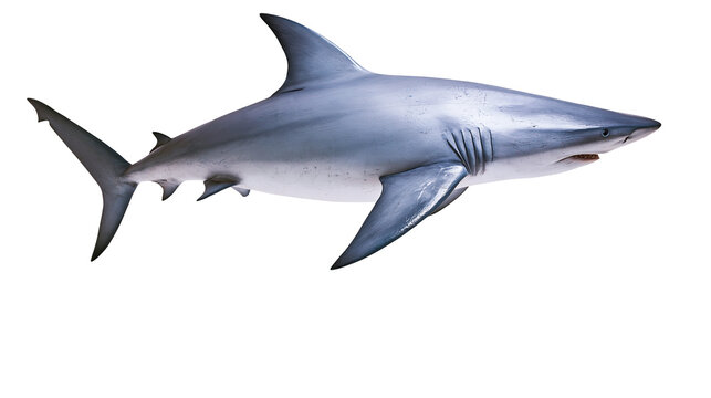 Large grey bull shark swimming with dorsal fin and sharp teeth visible