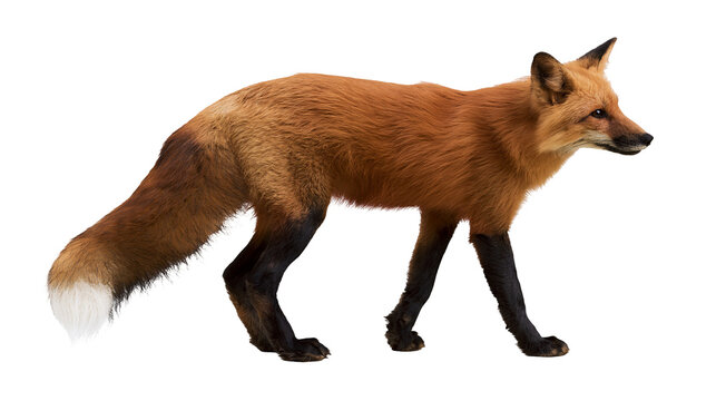 Full body side view of a red fox with a bushy tail and black legs