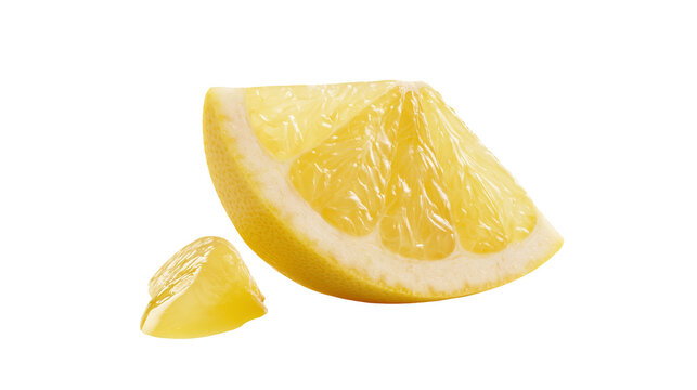Fresh yellow lemon wedge and small piece of citrus fruit pulp