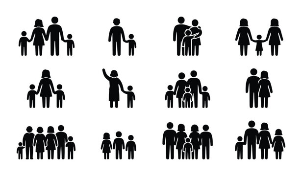 Family Icons Set, Diverse People Silhouettes, Human Figures Collection, Simple Vector Graphics for Community and Relationship Concepts
