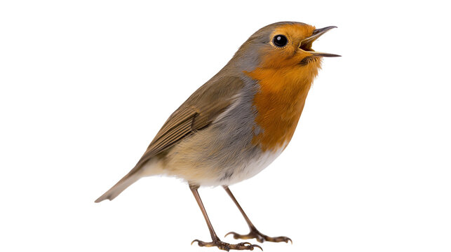 European robin bird with orange breast and brown wings singing with open beak