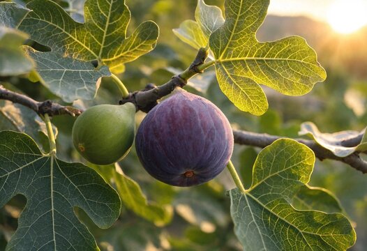 Fresh ripe purple and green figs hanging on a branch in a sunny garden orchard