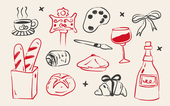 Hand Drawn Paris Doodle Set, French Line Art Croissant Baguette Beret Wine Coffee Paint Palette Sketch For Design Pattern Decorative Element