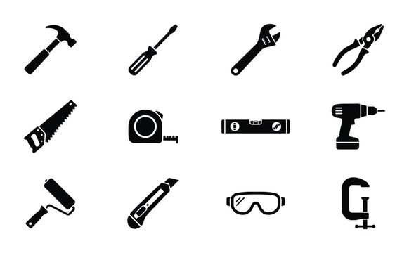 Set of 12 Black and White Icons: Essential Tools for Construction, DIY, and Repair Projects, Vector Graphics for Web and Print