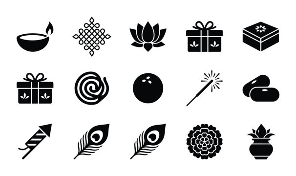 Diwali Icons Set, Festive Indian Symbols, Traditional Celebration Elements, Vector Graphics for Holiday Design