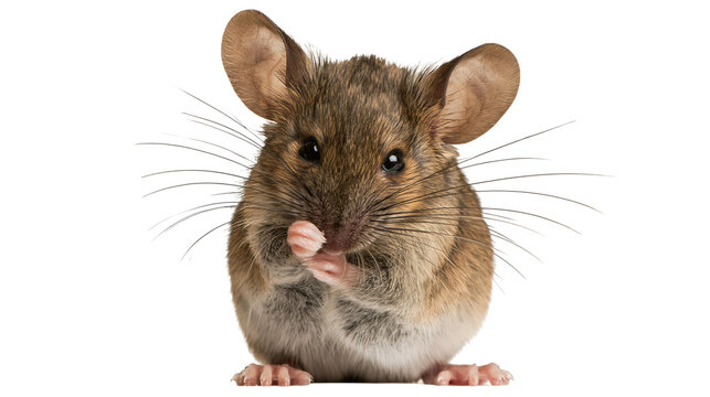 Brown house mouse sitting and grooming its face with tiny paws