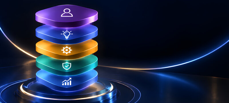 3D Stacked Hexagonal Layers Infographic Chart with Business Icons on Circular Podium Base
