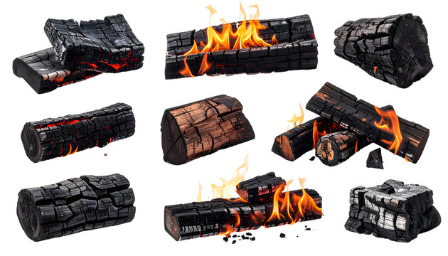 Several charred wood logs with flames and embers against a black background