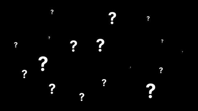 Flying question marks animation pop up on transparent background. Question mark animation; a looped 4K video with a transparent black background and alpha channel. Floating question marks background.