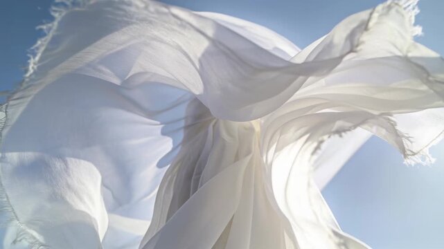 Billowing white scarves folding around center bundle against blue sky, gusts revealing frayed edges