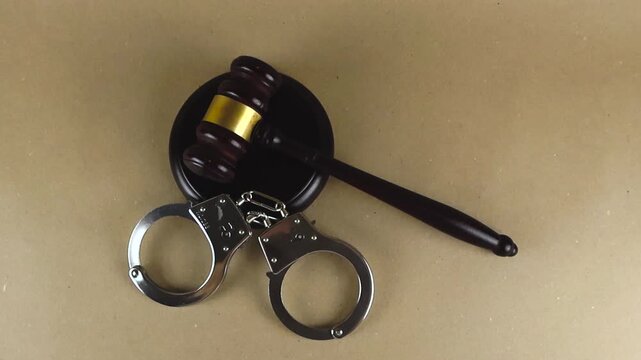 Wooden judge gavel and steel handcuffs moving on a neutral background representing the concept of law, court, crime, and the justice system, ideal for legal and criminal proceeding topics