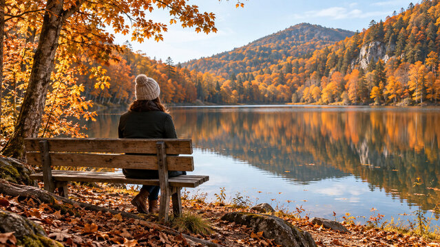 Frau geniesst die Ruhe auf einer Bank am Herbstsee