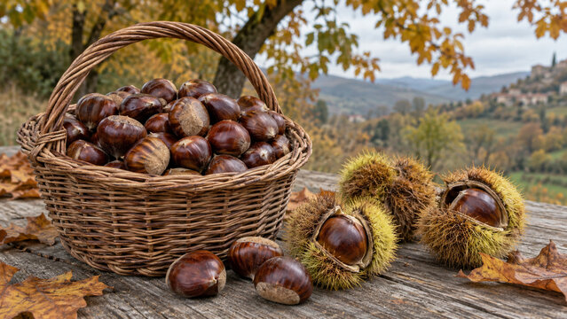 Frische Esskastanien im Korb auf einem herbstlichen Holztisch