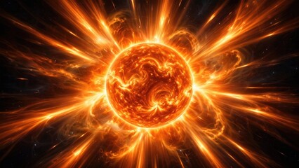Fototapeta premium Intense burning sun glowing in outer space with powerful solar flares and cosmic rays.