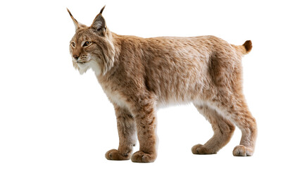 Full body side view of a standing Eurasian lynx with tufted ears and spotted fur © Alex