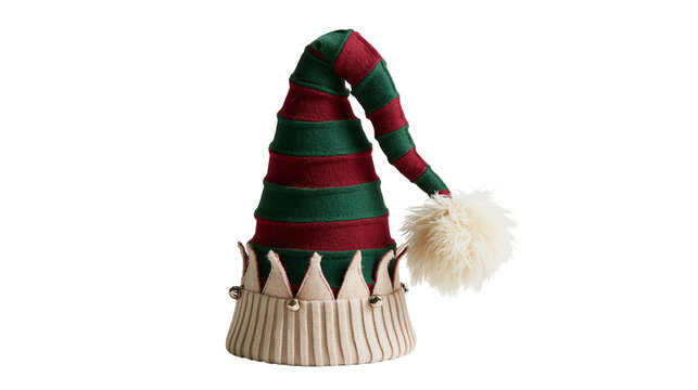 Striped red and green felt elf hat with beige cuff and white pompom