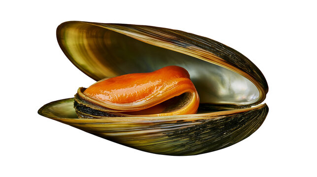 Fresh open mussel with orange mollusk meat inside dark textured shell