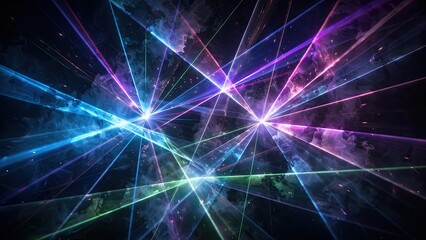 Fototapeta premium Vibrant multicolored laser light show with intersecting beams and glowing visual effects.
