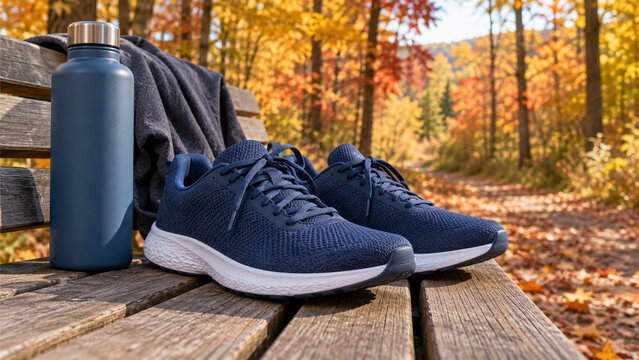 Laufschuhe und Trinkflasche auf einer Bank im Herbstwald
