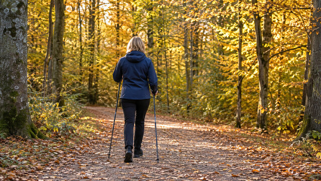 Nordic Walking auf einem goldenen Herbstwaldweg