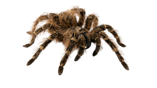 Hairy brown striped tarantula spider with long legs and sharp fangs