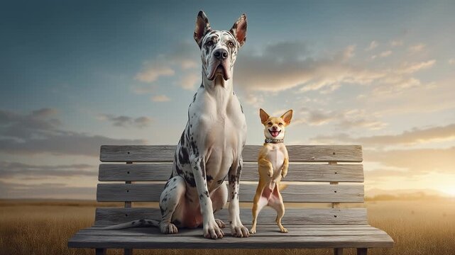 Great Dane and Chihuahua sitting together on a wooden bench in a field at sunset