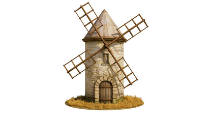 Rustic stone windmill with wooden blades and arched door on a grassy patch © Alex