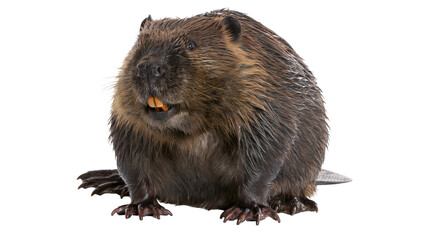 Brown North American beaver with thick fur and large orange incisor teeth © Alex