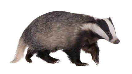 European badger walking with distinctive black and white striped head pattern © Alex