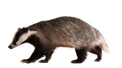 European badger walking with striped face and coarse grey and black fur © Alex