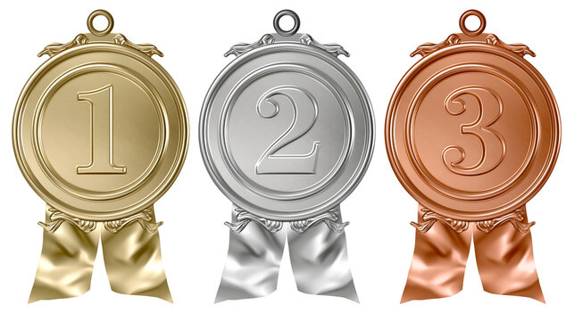 Gold silver and bronze medals with ribbons numbered one two and three