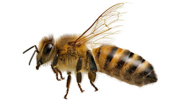 Detailed macro side view of a fuzzy honey bee with translucent wings