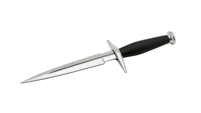 Double edged steel dagger with black handle and metal crossguard