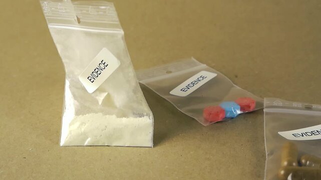 Three small plastic evidence bags containing different types of illicit drugs, including white powder, colorful pills, and capsules, confiscated during a police seizure and ready for lab testing