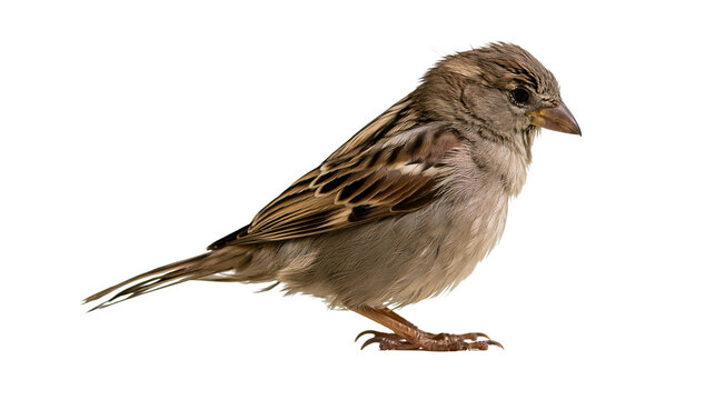 Small brown house sparrow bird standing in profile view