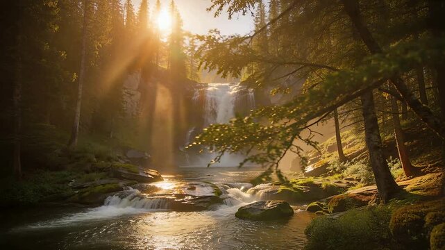 Sunlight shifting, waterfall sending mist and casting rays over pool in forest gorge, mossy rocks