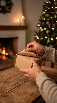 Hands unwrapping a cardboard Christmas gift near a fireplace